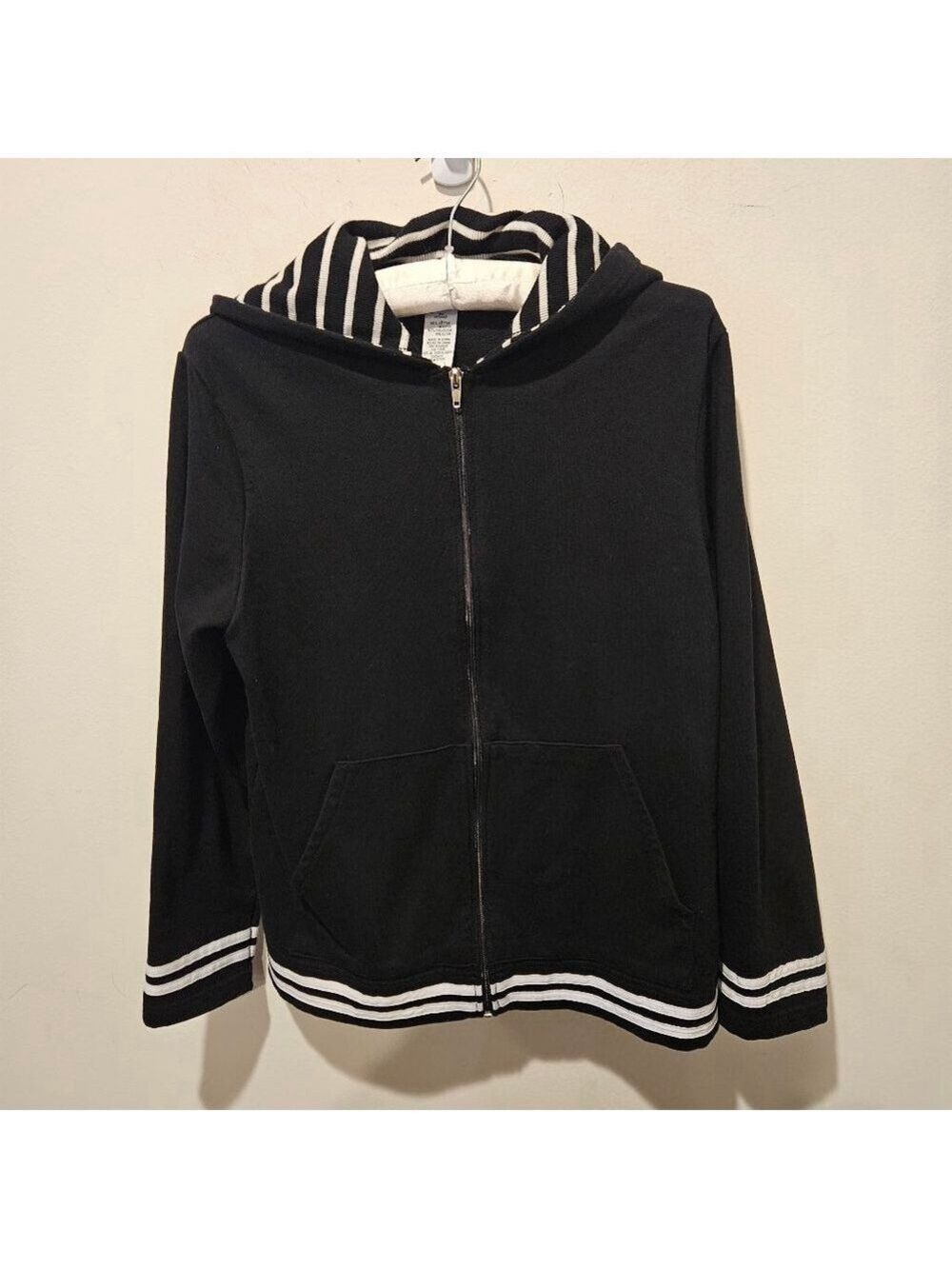 Women's Sag Harbor Black Zip Up Hoodie White Trim Size MP